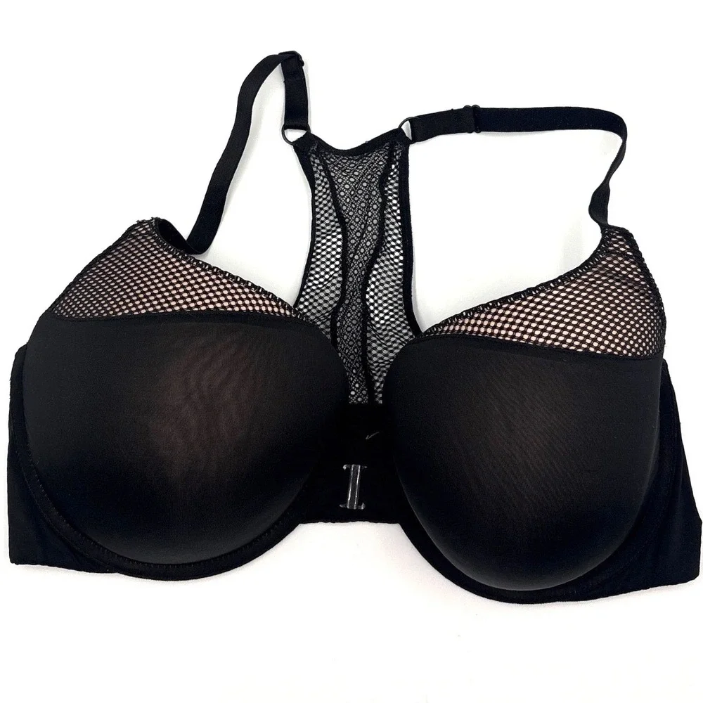 Victorias Secret Blk Fishnet Mesh Racerback T-Shirt Push-Up Bra 38DD Front Close